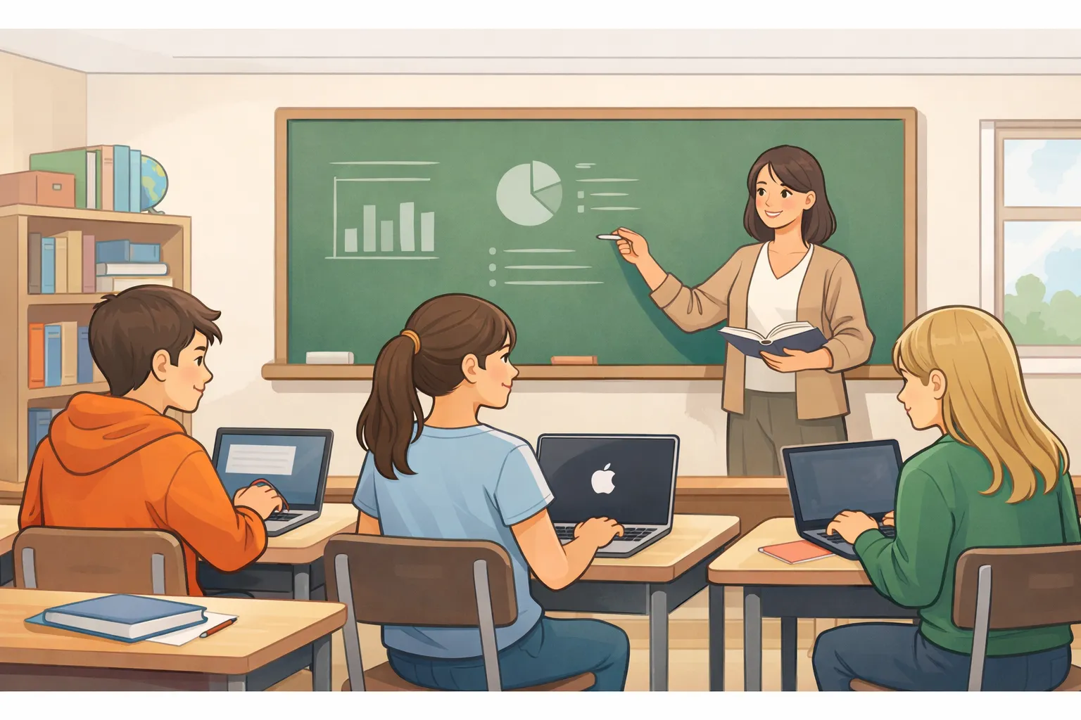 학생들이 교실에서 얇은 노트북을 사용하며 수업을 듣는 장면을 그린 AI 일러스트