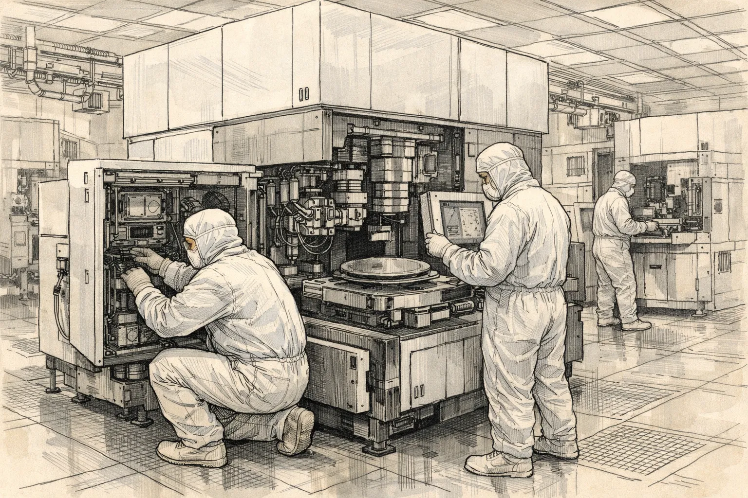 반도체 공정 현장에서 노광장비를 점검하는 엔지니어와 장비 내부 모습을 표편한 이미지. AI 생성 이미지