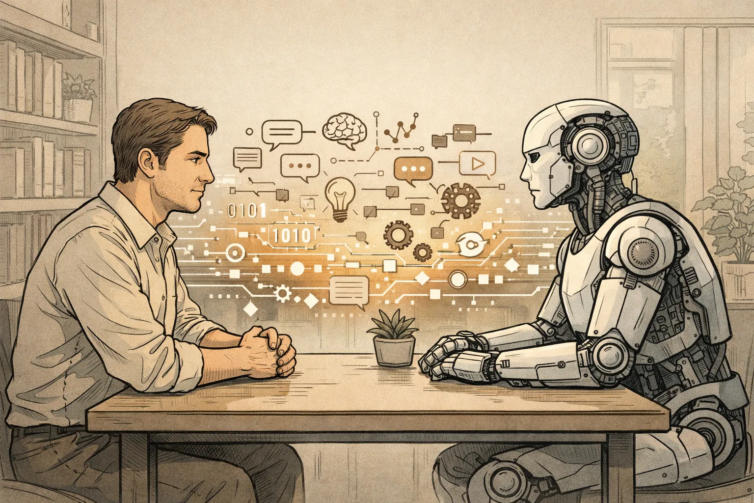 사람과 인공지능 기계가 마주 앉아 상징과 데이터가 오가는 모습을 표현한 AI 일러스트