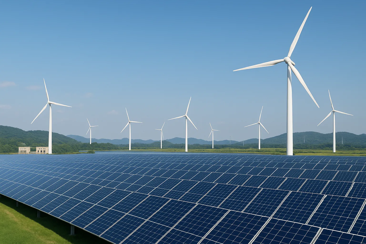 풍력 터빈과 태양열 전지를 표현한 AI 이미지.