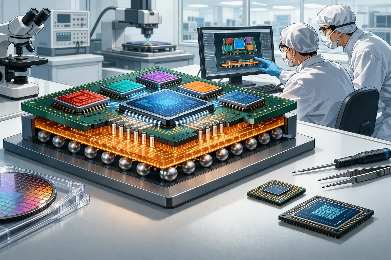 칩렛 구조로 여러 개의 반도체 칩이 하나의 패키지에 연결된 모습을 보여주는 일러스트. AI 생성.