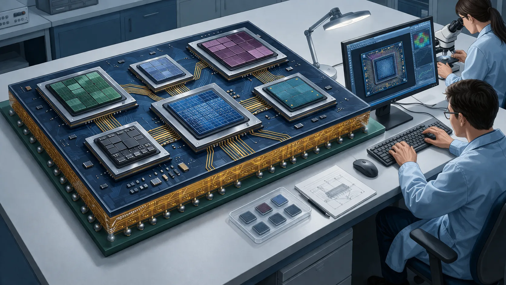여러 개의 칩이 연결된 칩렛 구조를 연구하는 반도체 연구실 장면 일러스트. AI 생성.