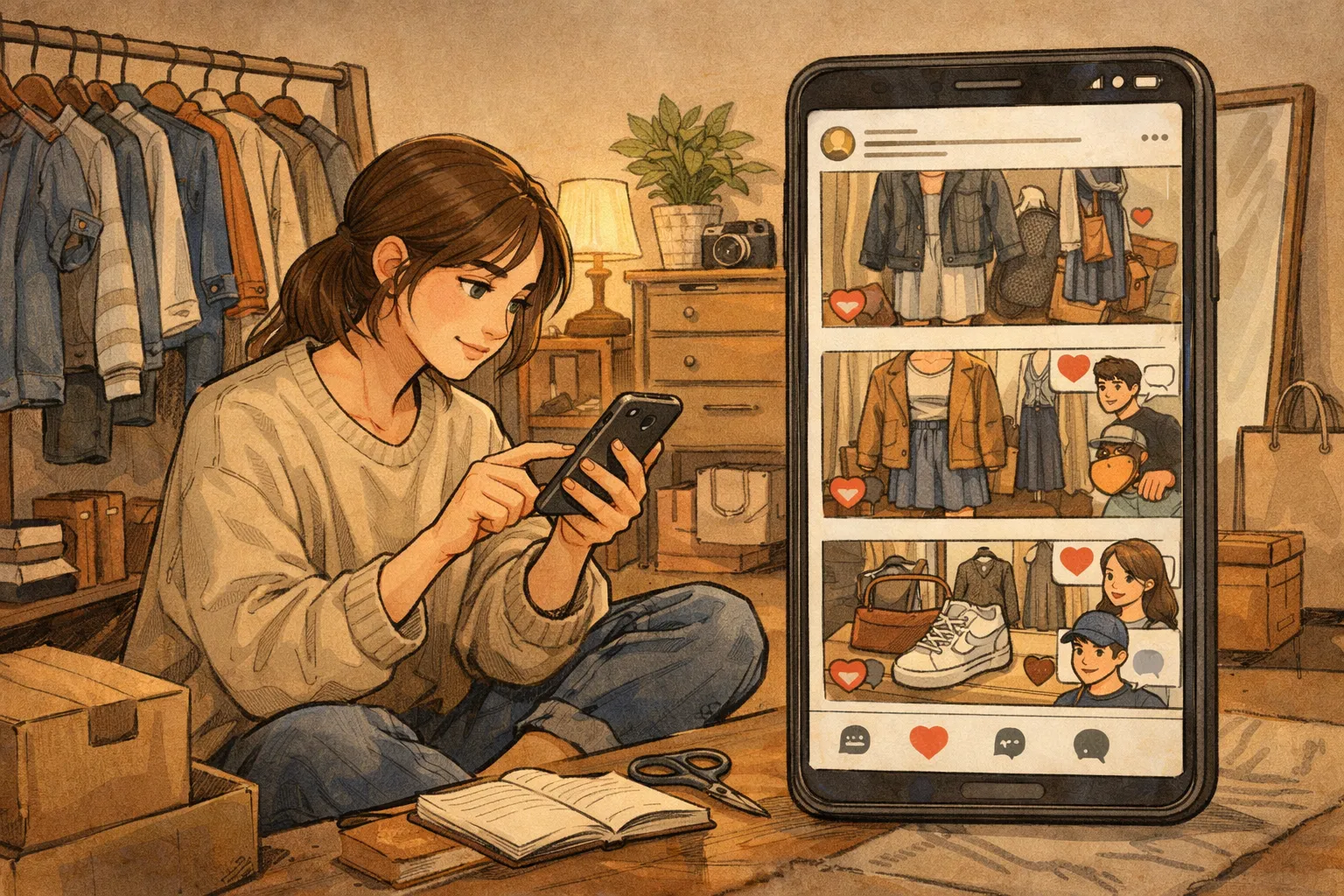 방 안에서 옷걸이와 스마트폰을 활용해 SNS형 커머스 피드를 운영하는 젊은 판매자의 모습을 그린 가로형 AI 일러스트