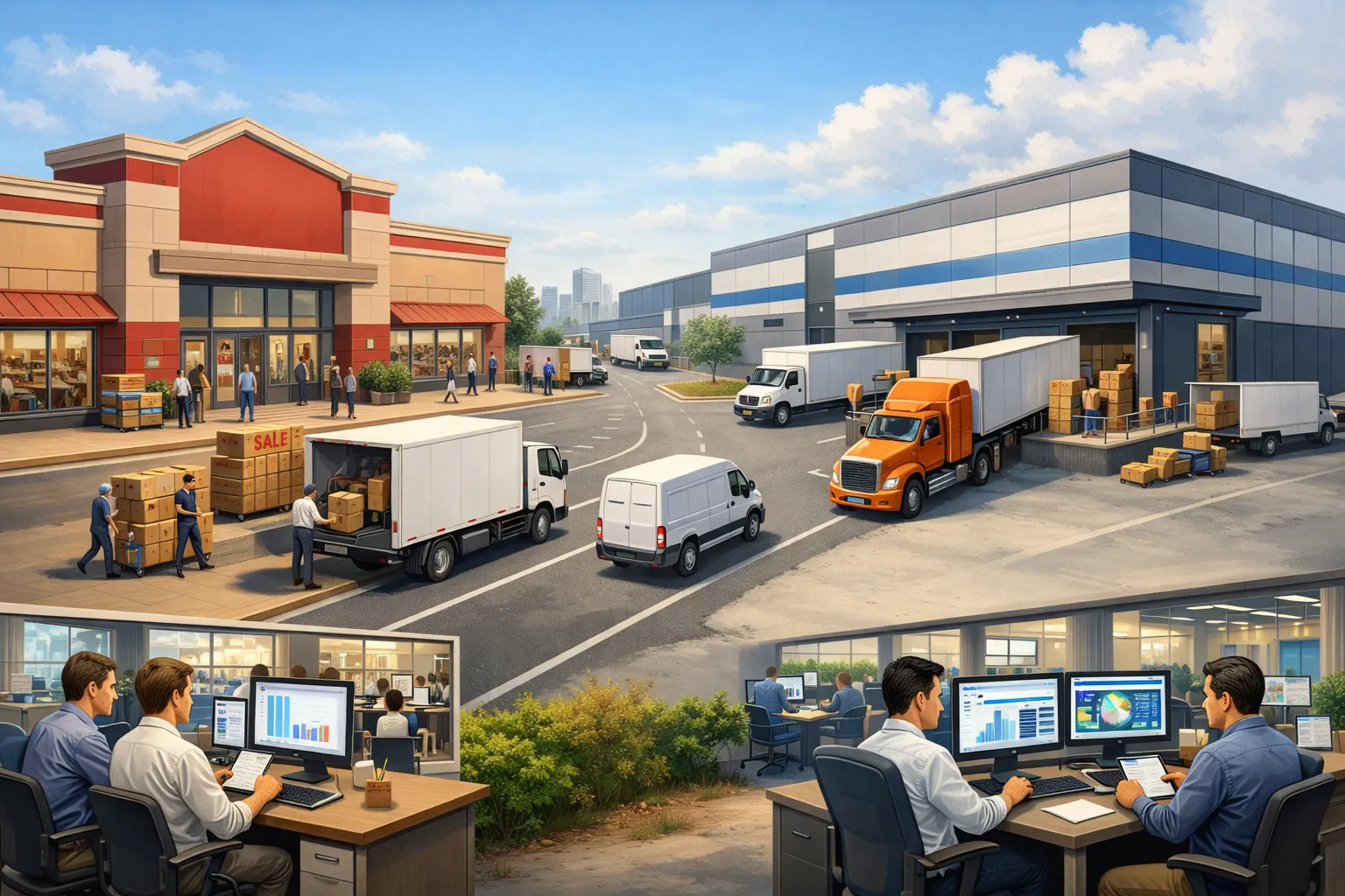 대형 오프라인 매장과 전자상거래 물류 창고를 대비해 보여주는 AI 일러스트