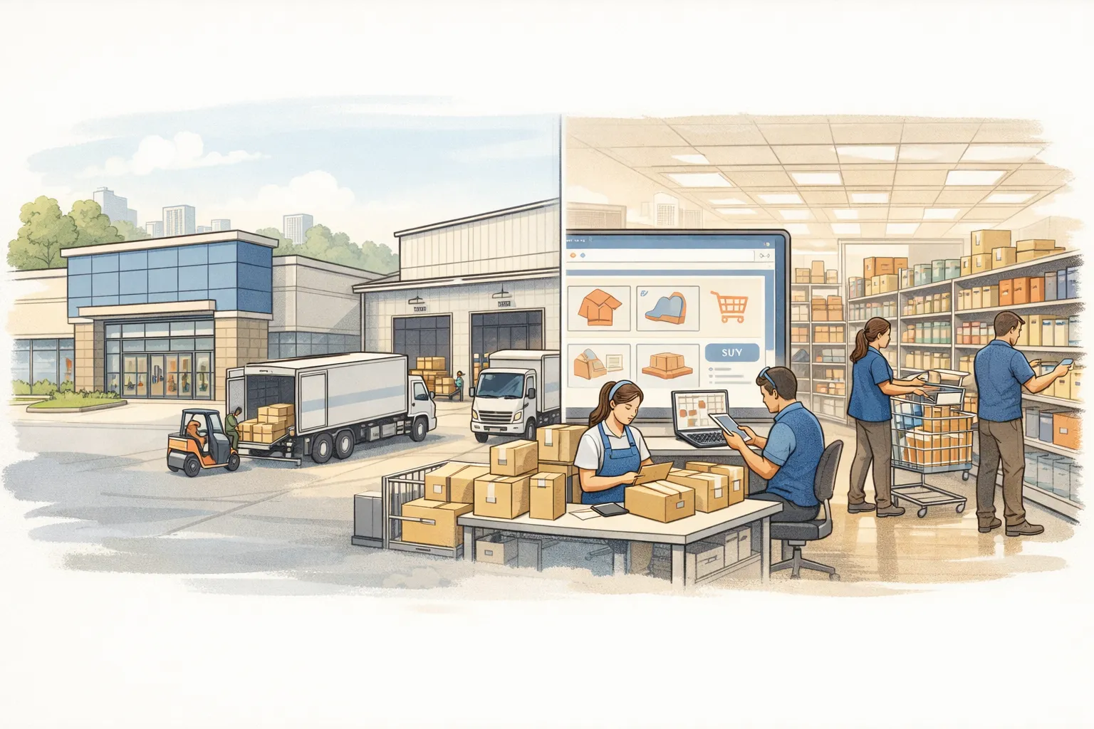 대형 매장과 물류창고가 연결된 모습과 온라인 주문 준비 장면을 함께 보여주는 AI 일러스트