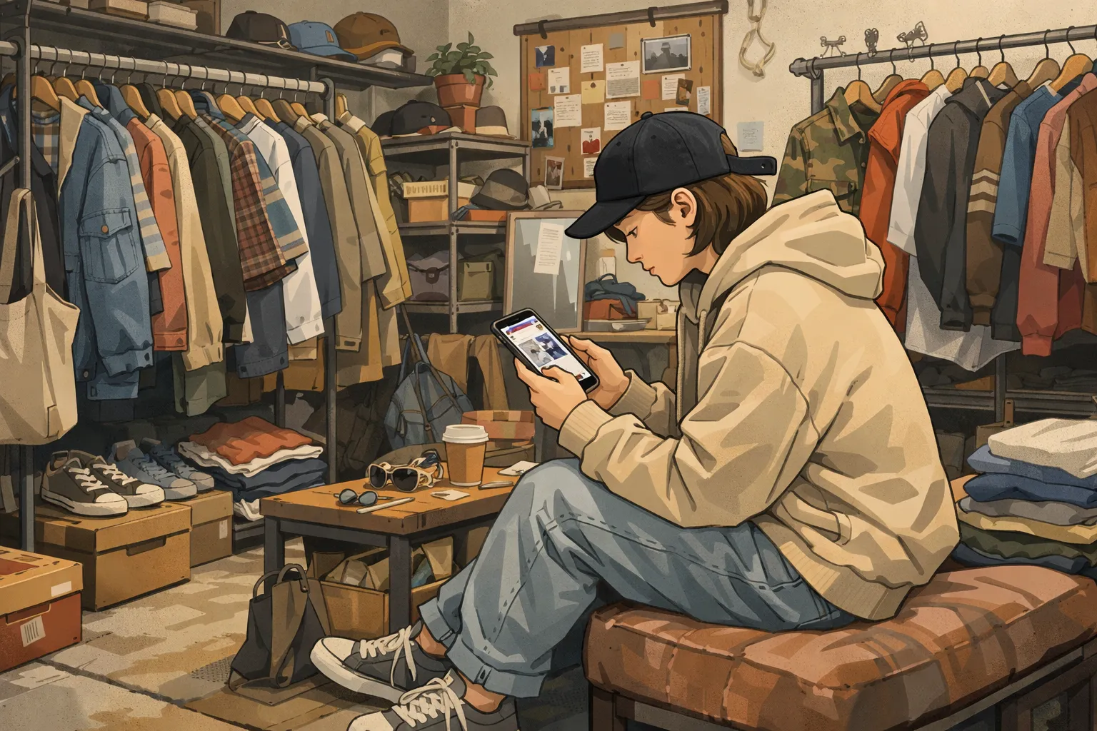 중고 의류가 걸린 작업실에서 스마트폰으로 패션 중고 거래 앱을 사용하는 젊은 이용자를 표현한 AI 일러스트