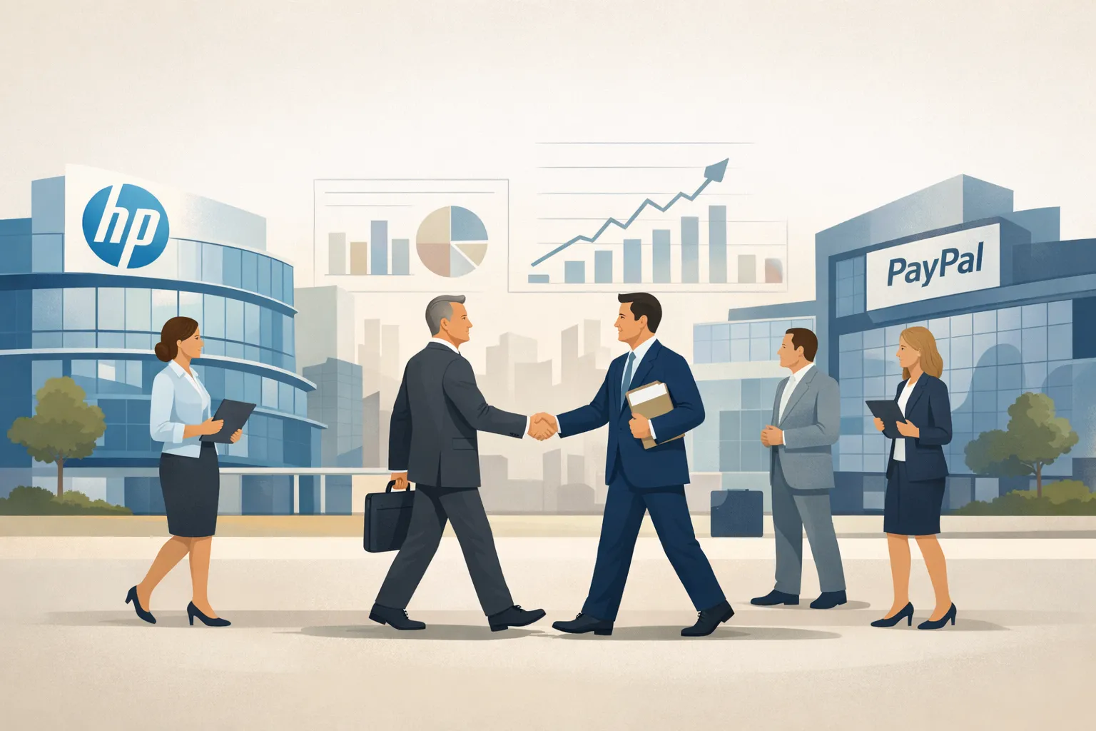 HP와 페이팔의 경영진 교체를 상징적으로 표현한 일러스트 AI 이미지