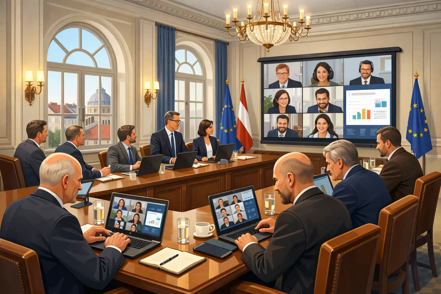 유럽 정부 기관 회의실에서 자체 개발 협업 도구를 사용하는 공무원들의 모습을 표현한 AI 생성 일러스트 이미지