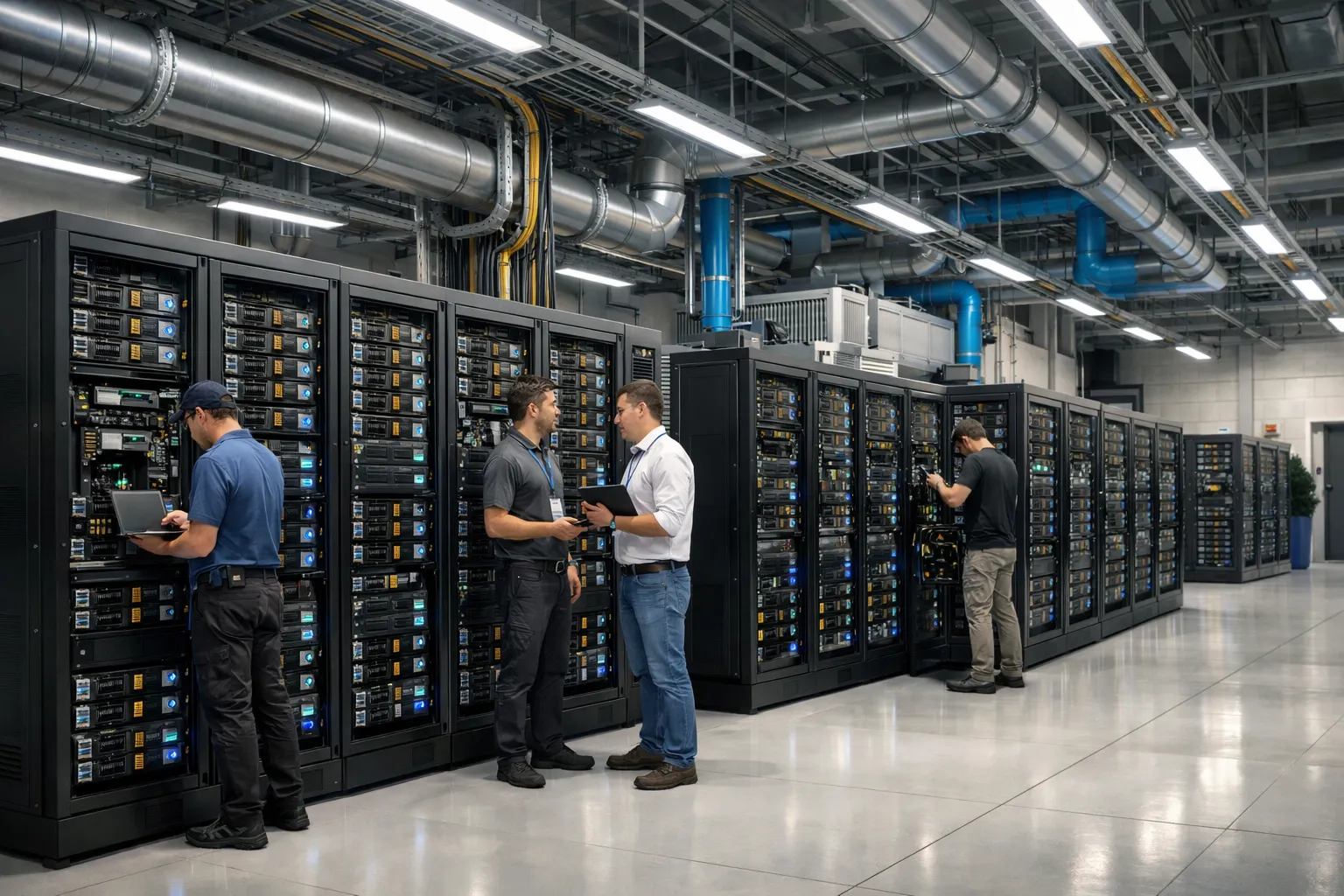 GPU 서버가 설치된 데이터센터 내부에서 기술자가 장비를 점검하는 장면을 표현한 AI 이미지, 실제와 관련 없음