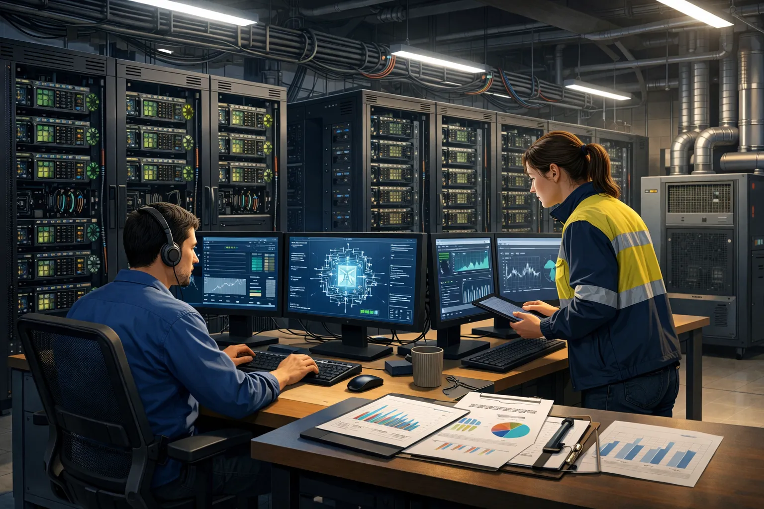 데이터센터 서버실에서 엔지니어가 AI 시스템을 모니터링하는 이미지. 실제와 관련 없음.