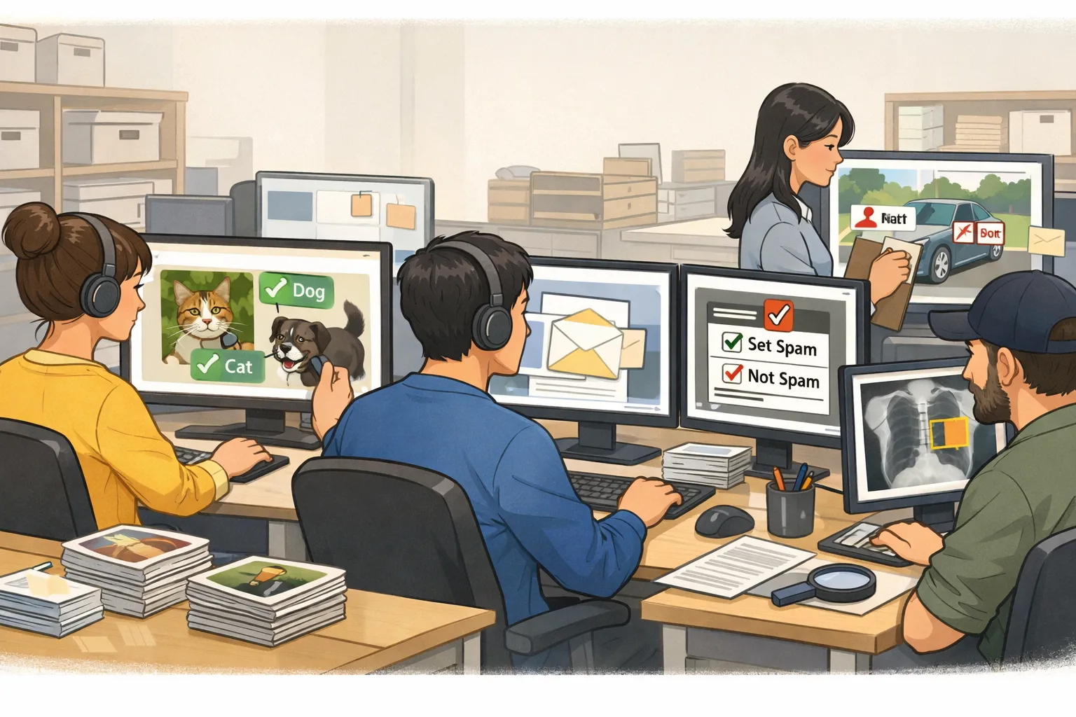 데이터 라벨링 작업자가 컴퓨터 화면에서 이미지에 분류 태그를 붙이는 모습을 그린 AI 일러스트