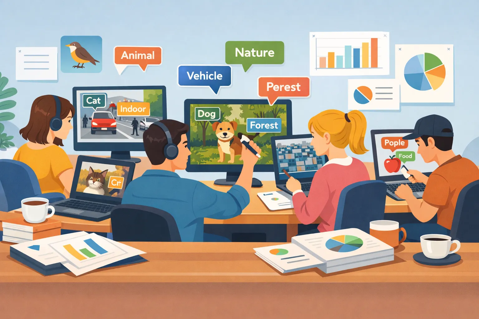 인공지능 학습을 위해 이미지 데이터에 라벨을 붙이는 작업을 하는 사람들을 보여주는 AI 일러스트