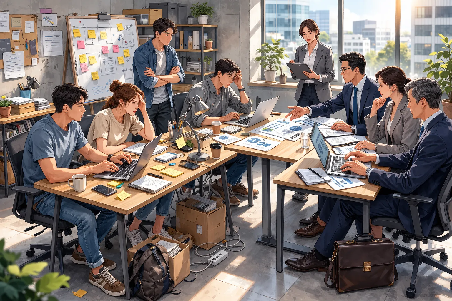 작은 스타트업 팀이 사무실에서 대기업 고객 팀과 회의하는 모습을 그린 AI 일러스트