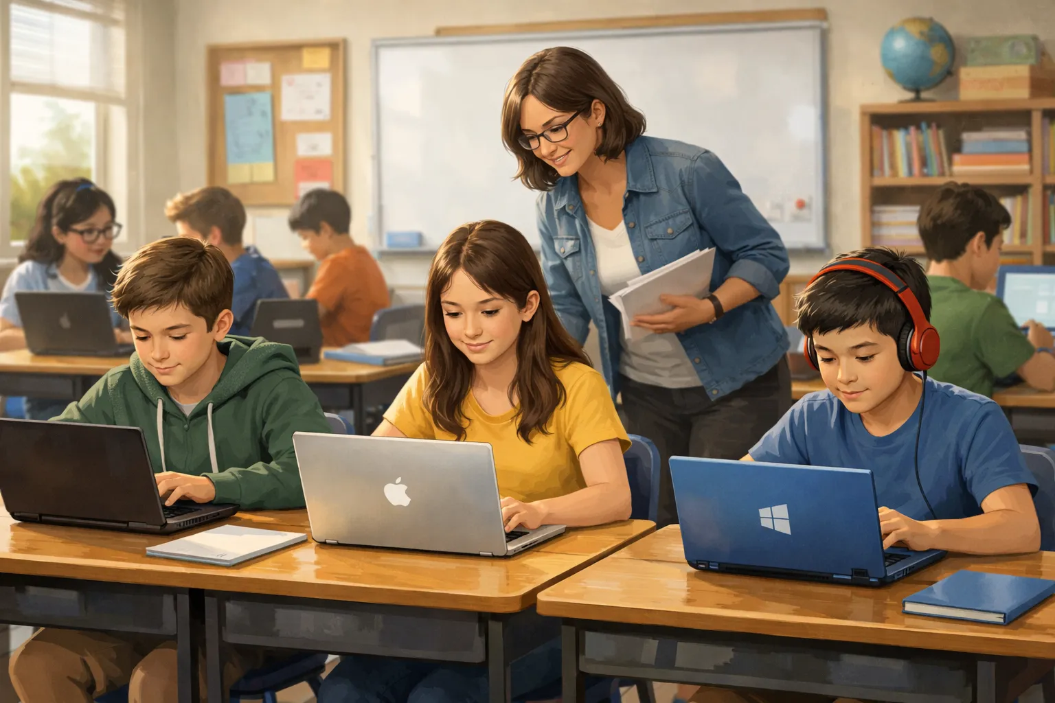 교실에서 학생들이 여러 종류의 노트북을 사용하는 장면을 표현한 AI 일러스트