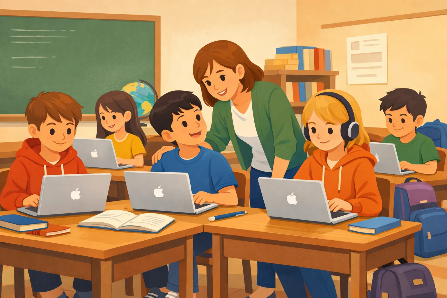 교실에서 학생들이 노트북을 사용하며 수업을 듣는 장면을 그린 일러스트