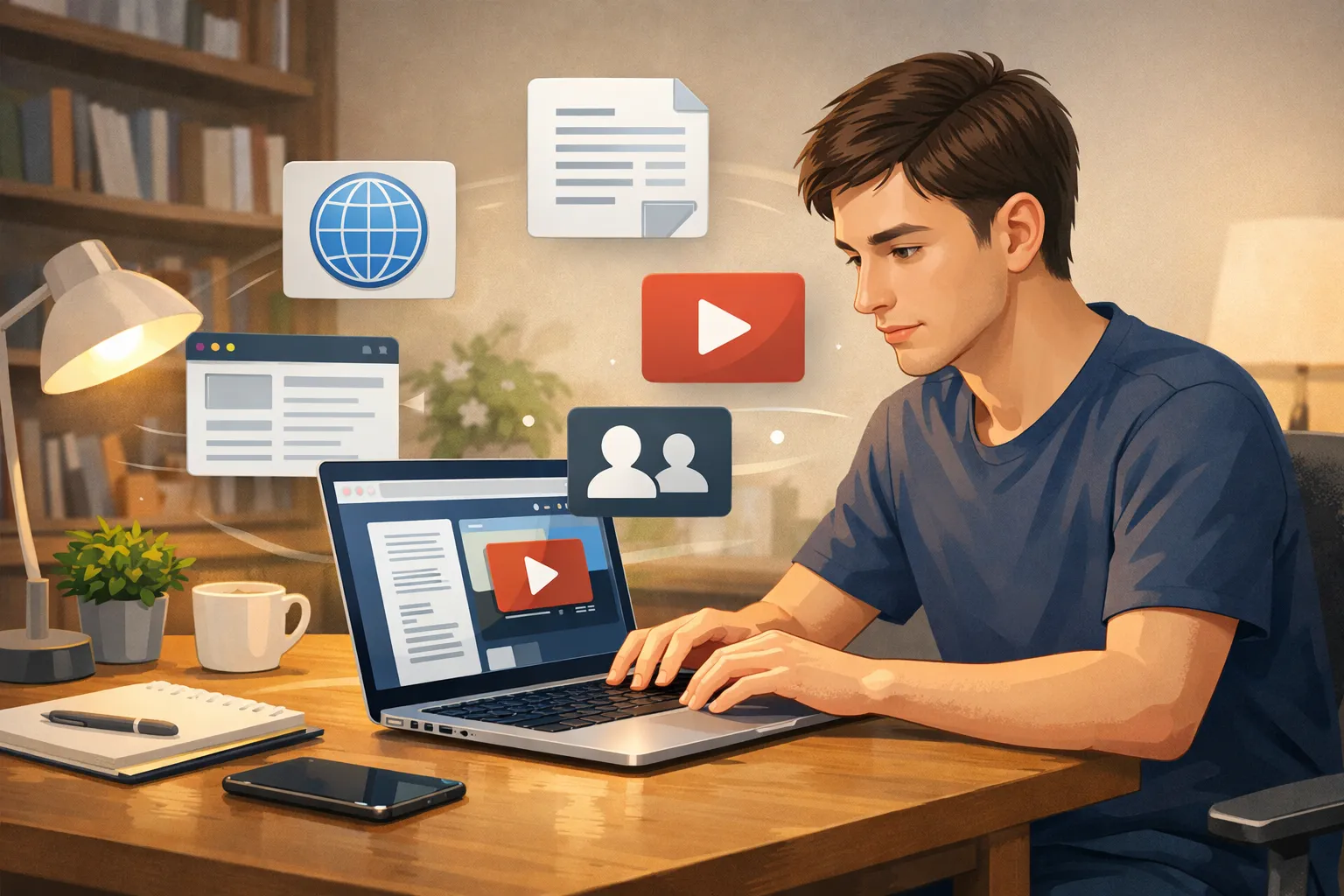 맥북 스타일의 얇은 노트북으로 웹 브라우징과 문서 작업을 하는 사용자를 묘사한 AI 일러스트