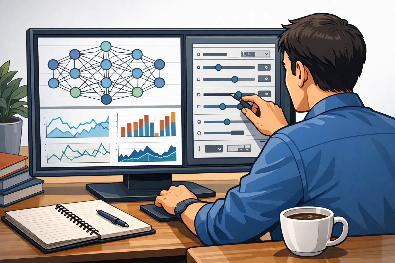 데이터 과학자가 컴퓨터 화면의 신경망 다이어그램과 설정 값을 조정하는 모습을 그린 AI 일러스트
