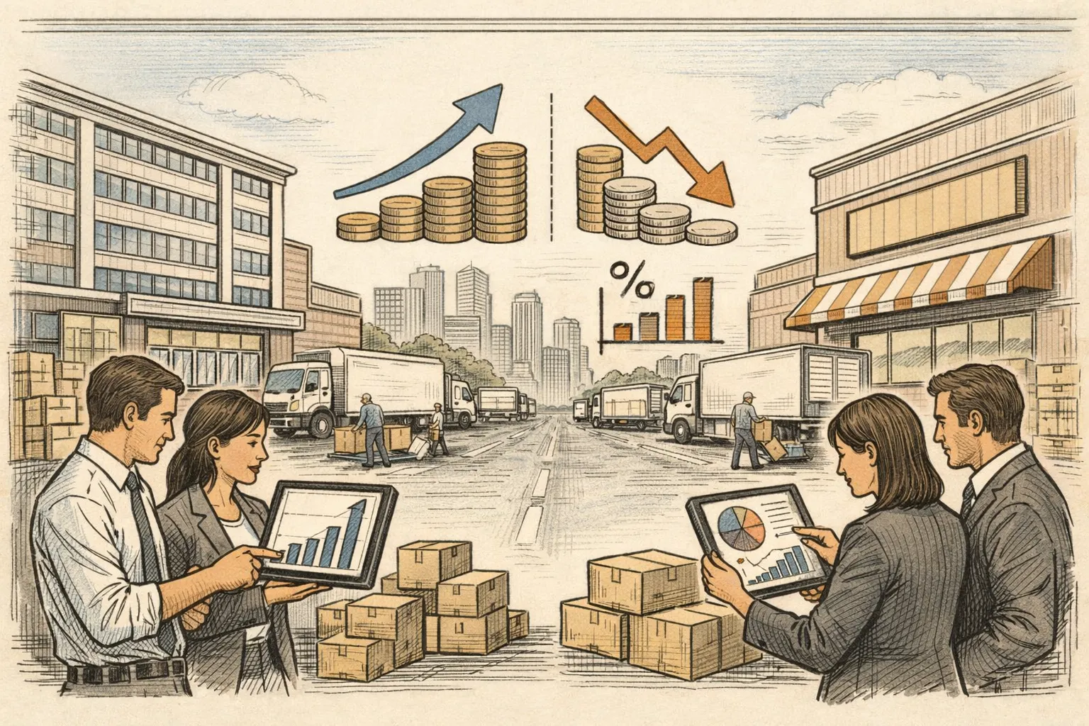 대형 유통 기업 건물과 물류 트럭, 재무 지표를 살펴보는 인물을 그린 AI 일러스트