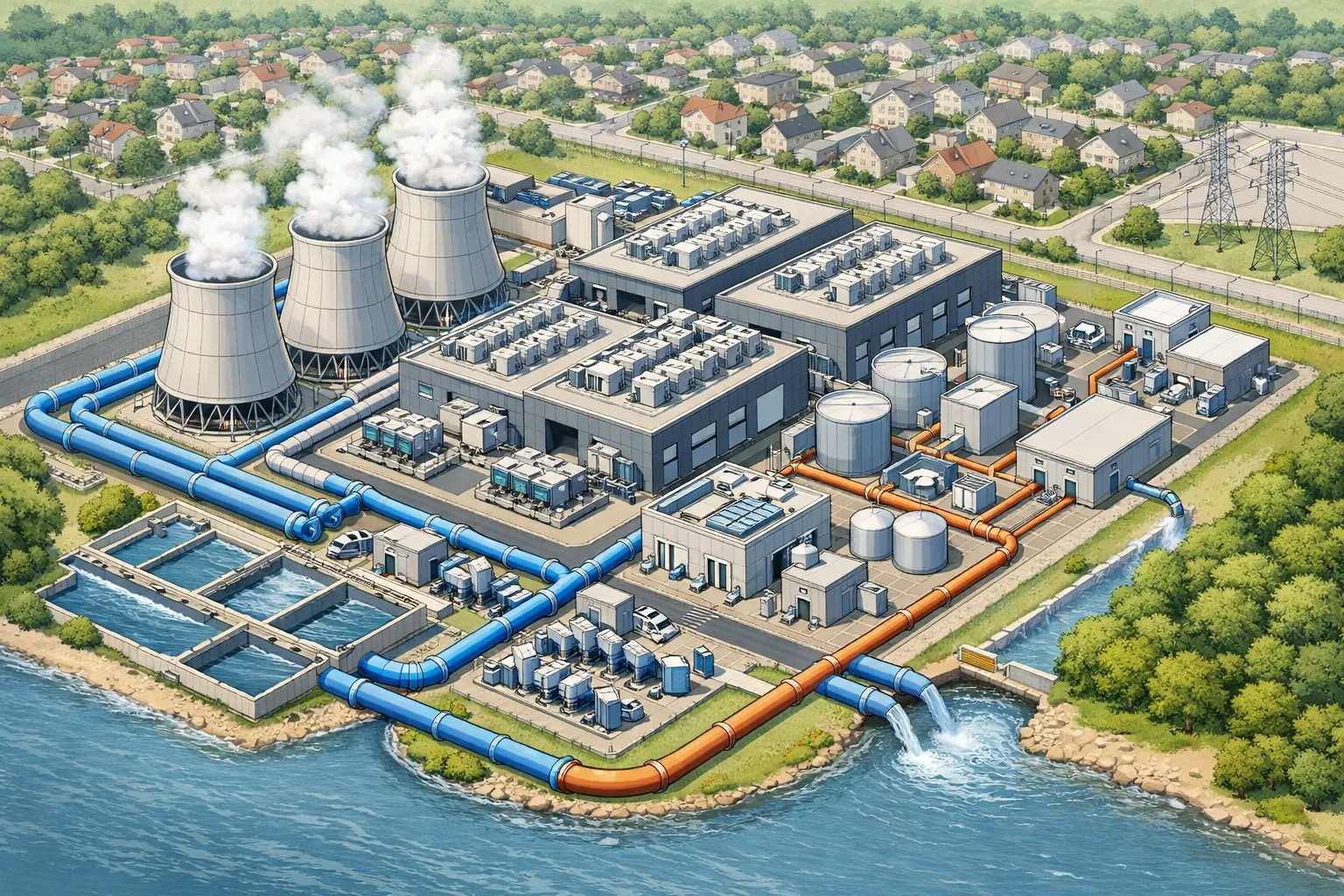데이터 센터 냉각을 위해 물을 사용하는 산업 시설과 인근 지역 사회를 표현한 일러스트. AI 생성 이미지