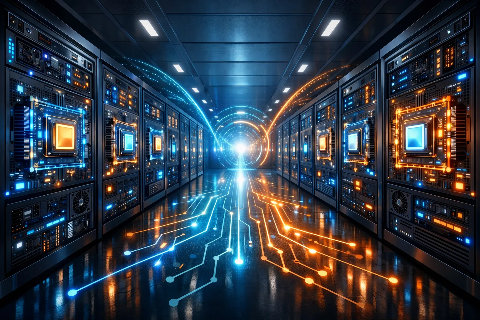 데이터센터 서버에 장착된 인공지능 가속기와 데이터 흐름을 표현한 일러스트. AI 생성 이미지
