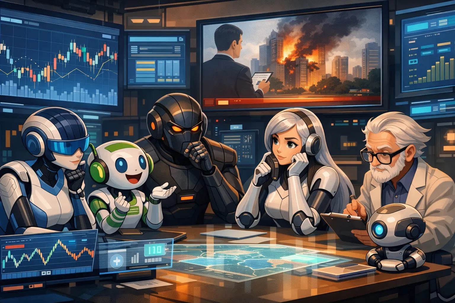 여러 인공지능 캐릭터가 가상 환경에서 서로 상호작용하며 반응을 주고받는 장면을 표현한 AI 일러스트