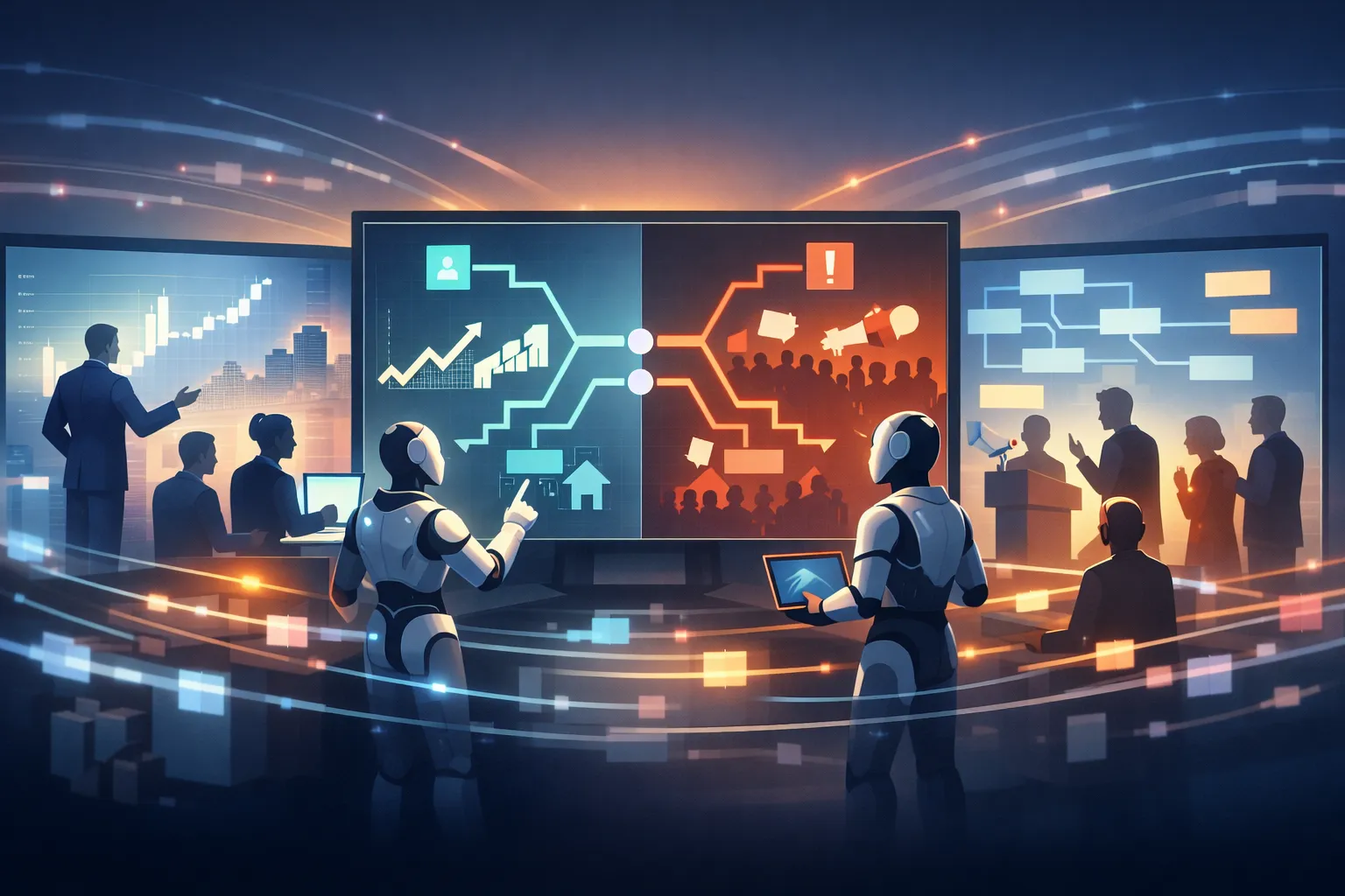 여러 인공지능이 상호작용하며 다양한 시나리오를 만드는 가상 시뮬레이션을 표현한 AI 일러스트