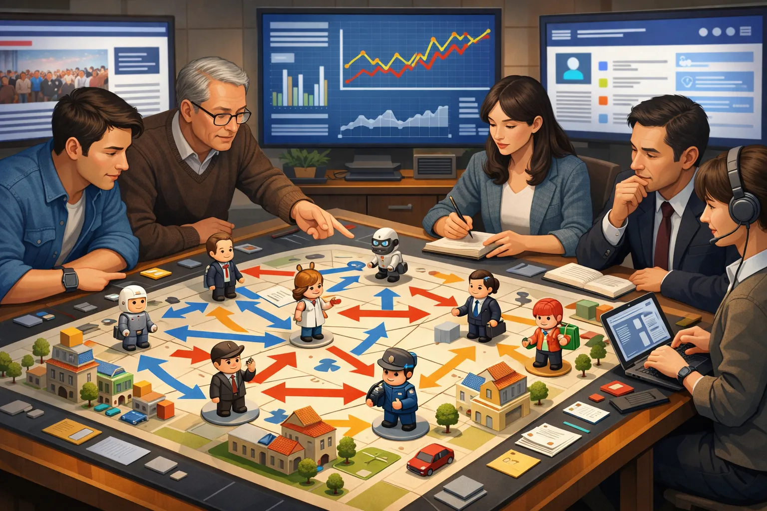 여러 인물이 보드게임 형태의 시뮬레이션 환경에서 상호작용하는 모습을 그린 AI 일러스트