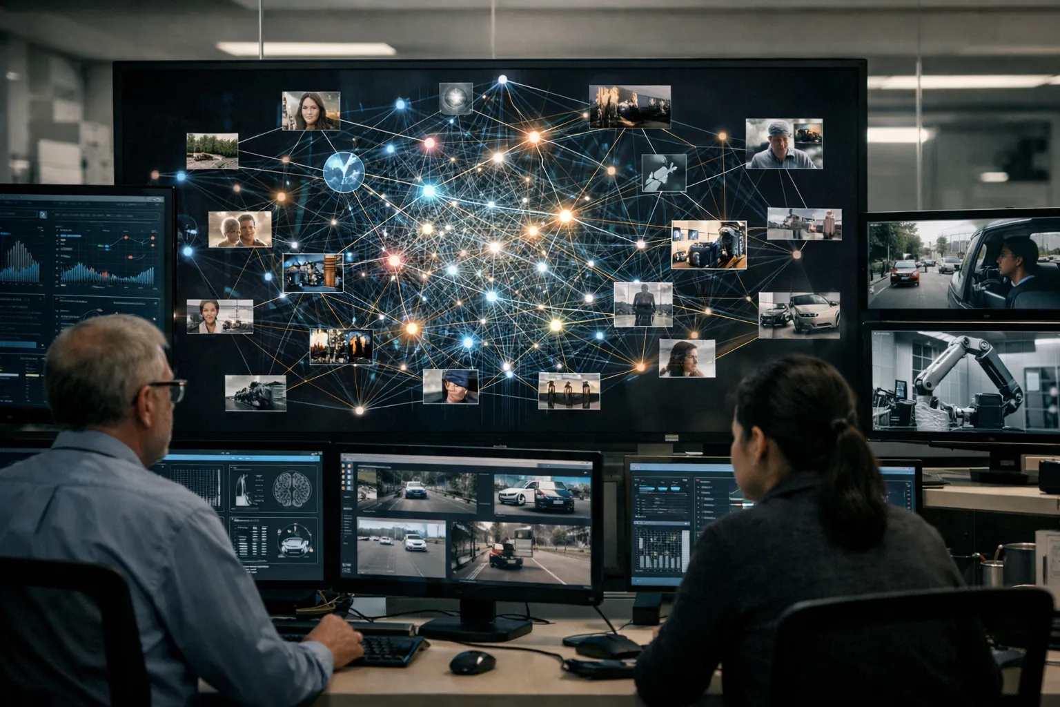 텍스트 이미지 비디오를 통합 처리하는 인공지능 모델의 연구 환경을 표현한 일러스트. AI 생성 이미지. 실제와 관련 없음