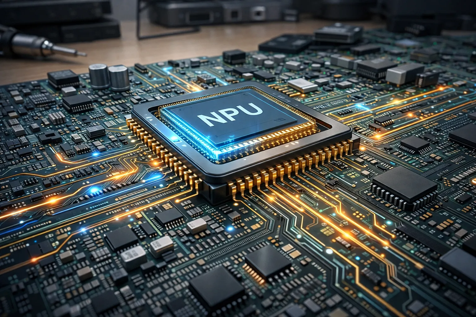 NPU와 회로를 표현한 AI 이미지