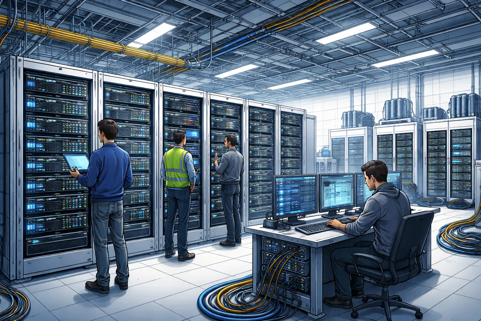 AI 데이터센터 내부에서 GPU 서버를 관리하는 기술자 일러스트 AI 생성