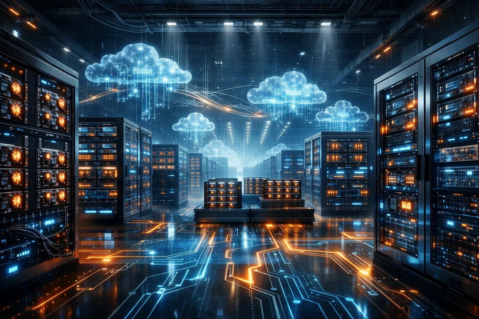 인공지능 연산을 위한 대규모 데이터 센터와 GPU 서버를 표현한 이미지. AI 생성 이미지.
