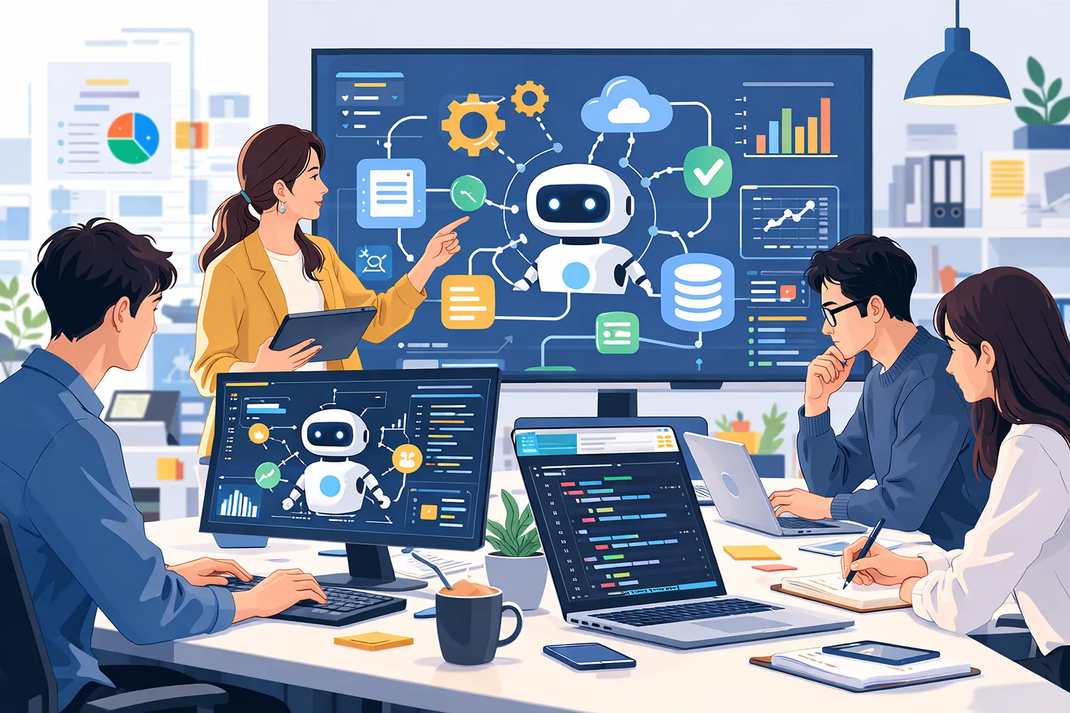 기업 사무실에서 개발자들이 컴퓨터 화면의 AI 에이전트 자동화 도구를 활용하는 모습을 표현한 AI 일러스트