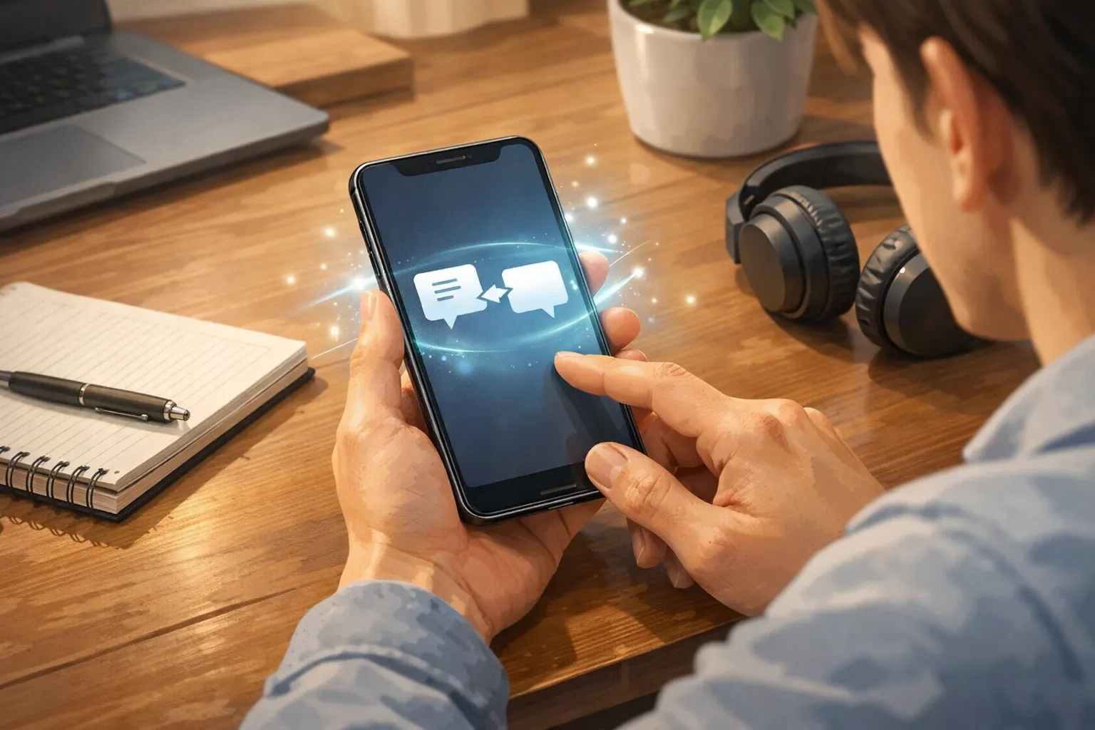 스마트폰으로 오프라인 번역 기능을 사용하는 사람을 표현한 AI 일러스트