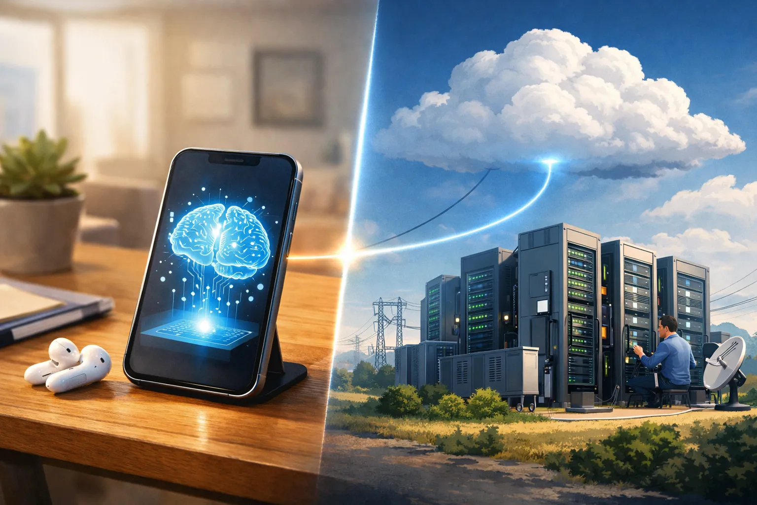 온디바이스 AI와 클라우드 AI의 처리 구조를 대비한 AI 일러스트