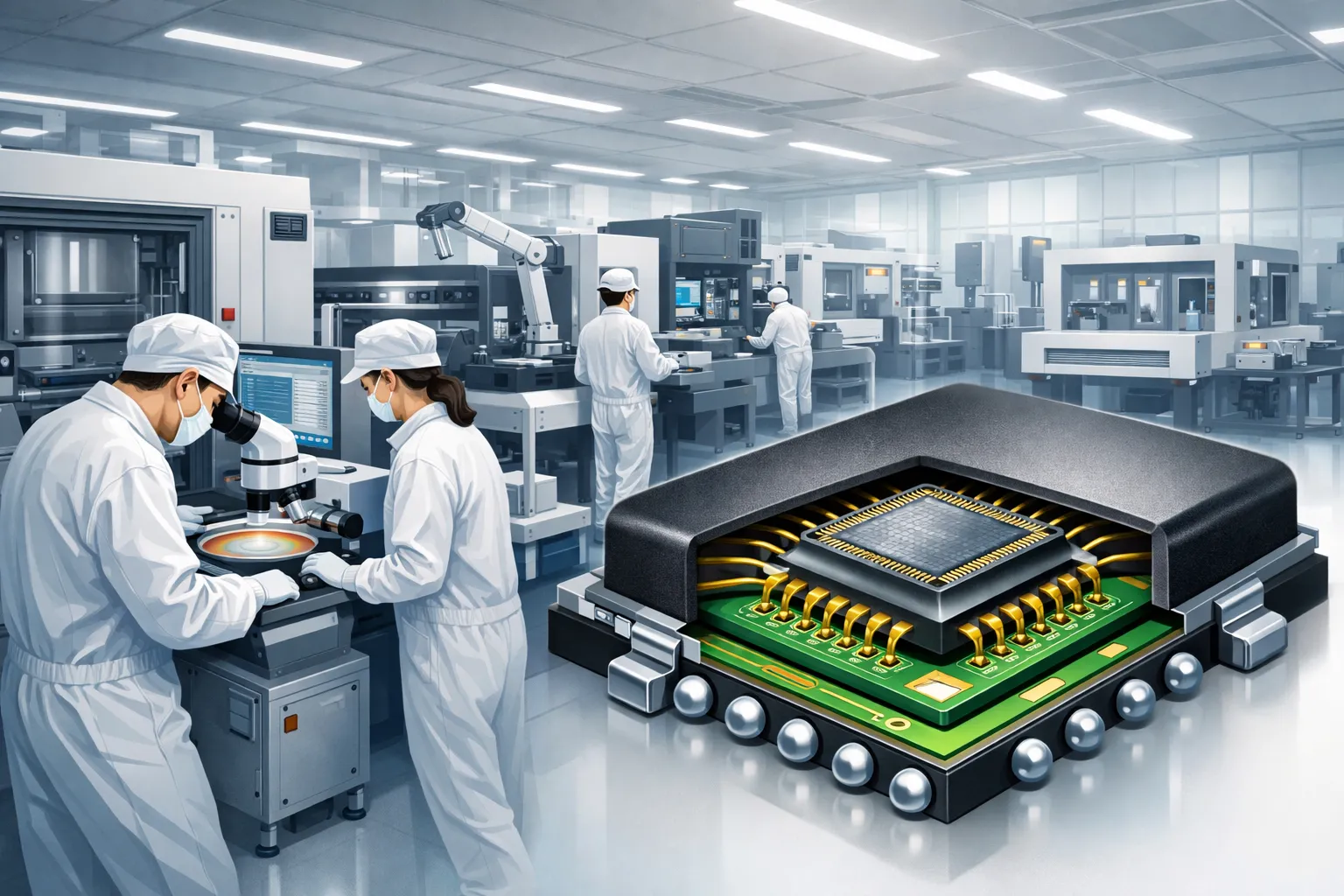 반도체 패키징 공정과 테스트 장비를 다루는 작업 환경을 표현한 일러스트. AI 생성. 실제와 관련없음.