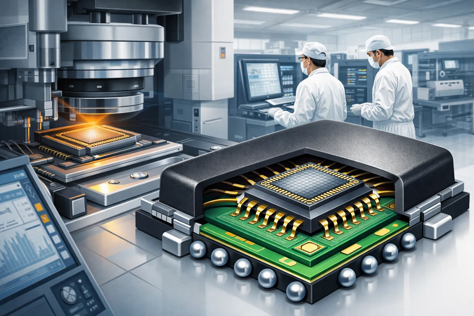 반도체 칩이 패키지로 보호되고 연결되는 과정을 표현한 일러스트. AI 생성. 실제와 관련없음.