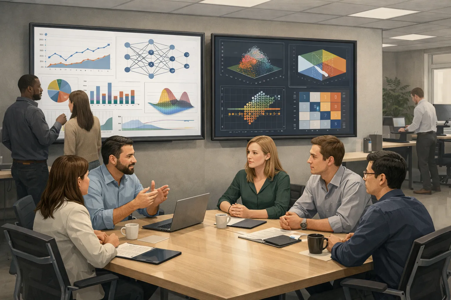사무실에서 데이터 화면을 보며 인공지능 관련 업무를 논의하는 기술 기업 직원들의 모습을 표현한 AI 생성 이미지