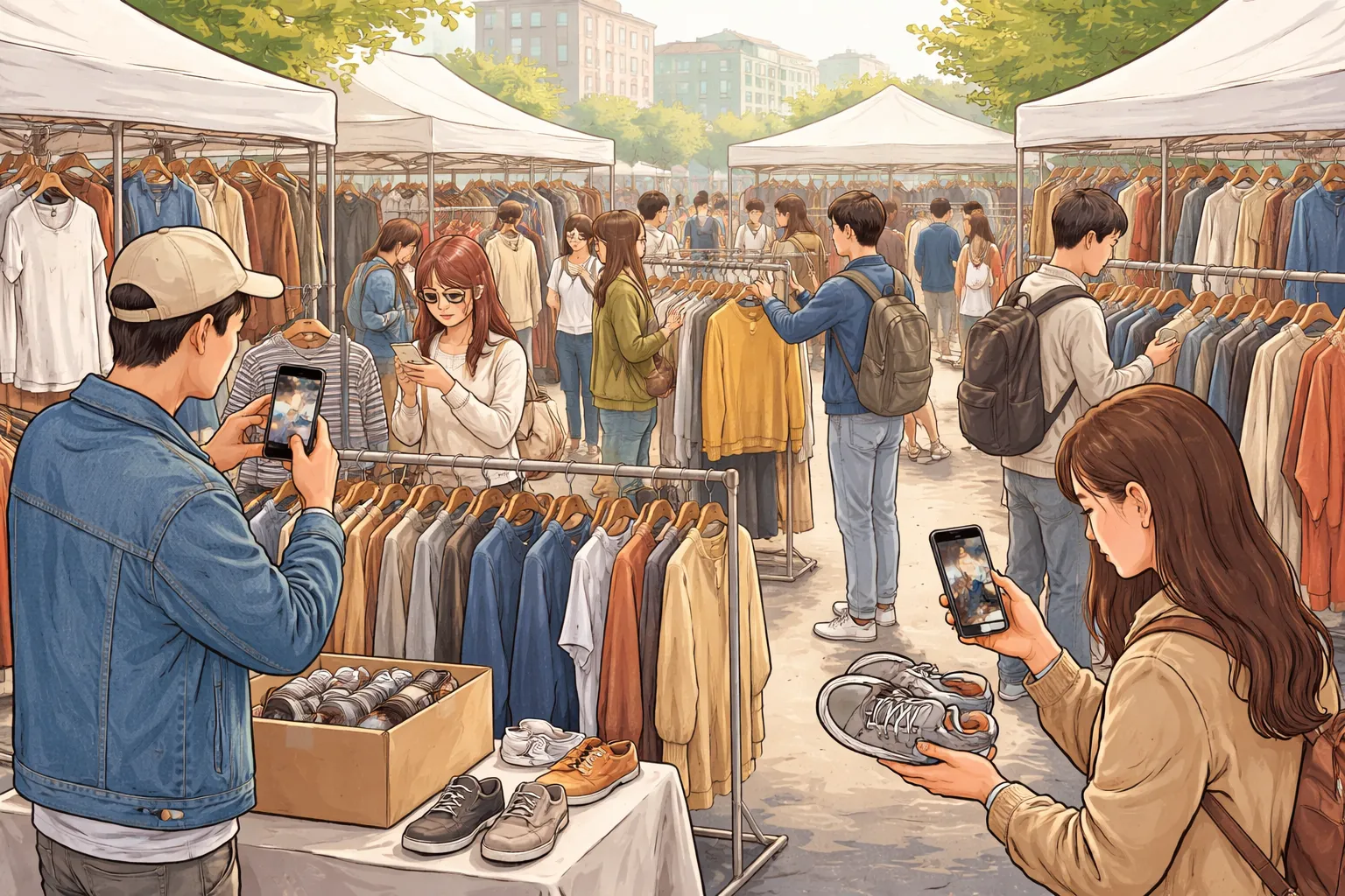 중고 의류 마켓에서 판매자와 구매자가 스마트폰으로 거래하는 모습을 담은 AI 일러스트