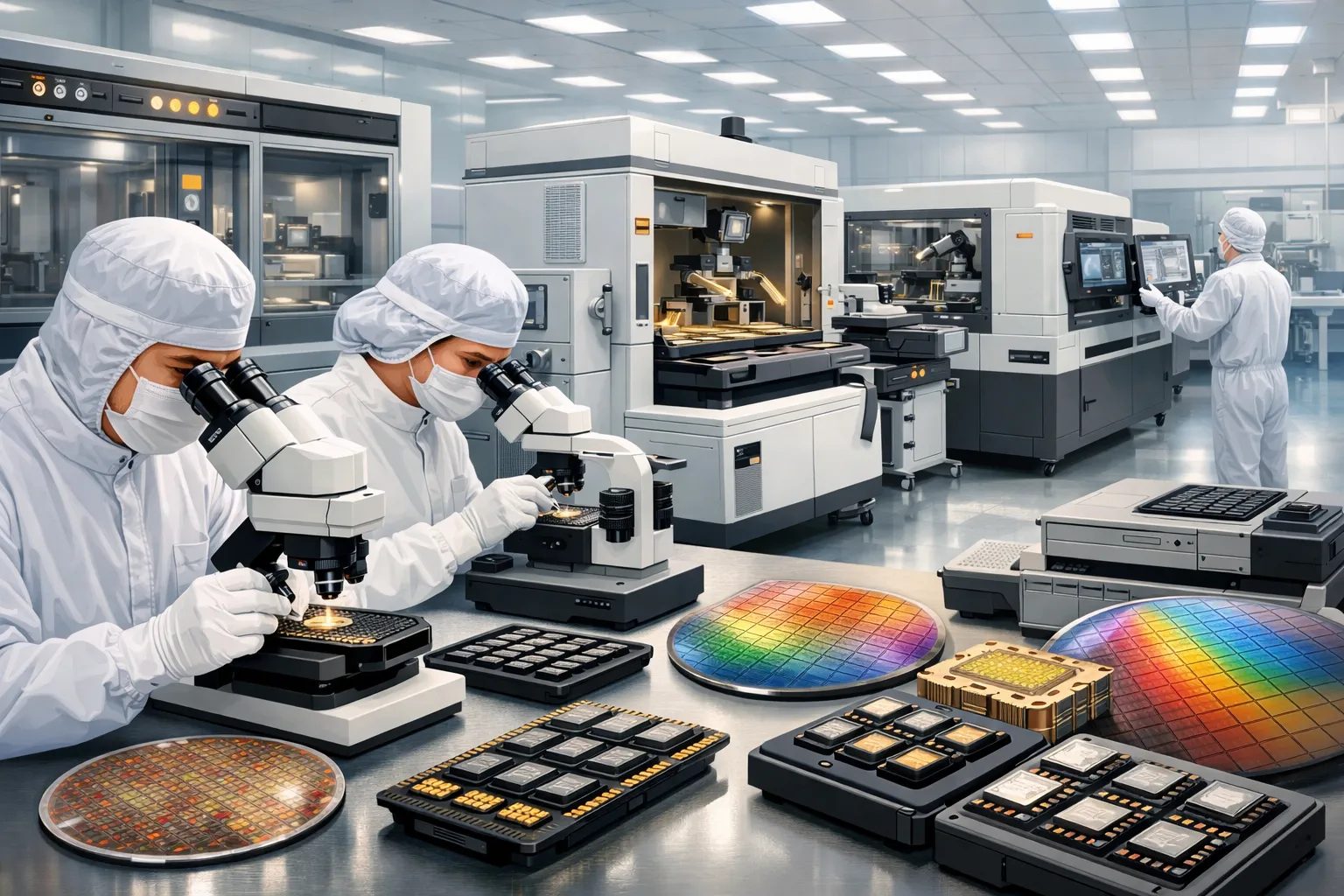 반도체 패키징과 테스트 공정이 진행되는 공장에서 엔지니어가 칩을 검사하는 장면. AI 생성 이미지. 실제와 관련 없음