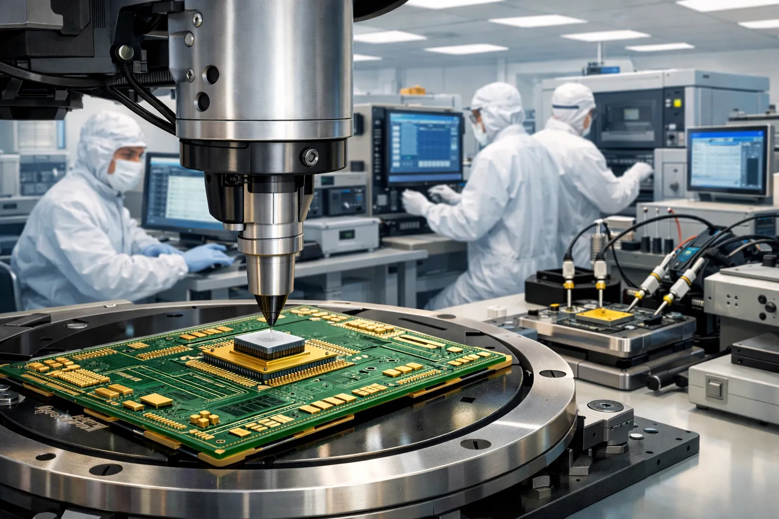 반도체 다이를 패키지 기판에 장착하는 공정 장면을 표현한 일러스트. AI 생성 이미지. 실제와 관련 없음.