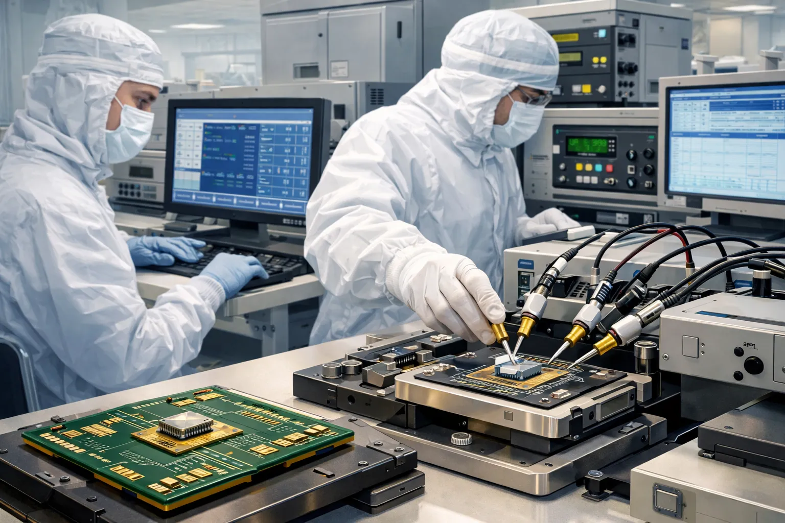 패키징된 반도체를 검사 장비로 테스트하는 장면을 표현한 일러스트. AI 생성 이미지. 실제와 관련 없음.