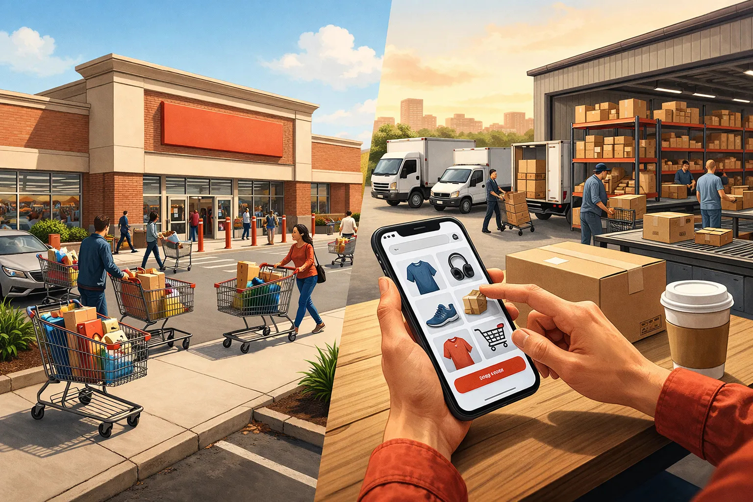 대형 오프라인 매장과 스마트폰 쇼핑 화면을 대비해 표현한 AI 일러스트 이미지