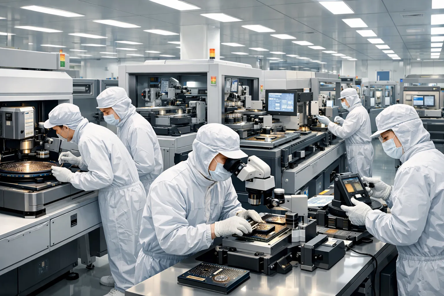 반도체 공장에서 엔지니어가 칩 테스트와 패키징 장비를 점검하는 장면. AI 생성 이미지, 실제와 관련없음.