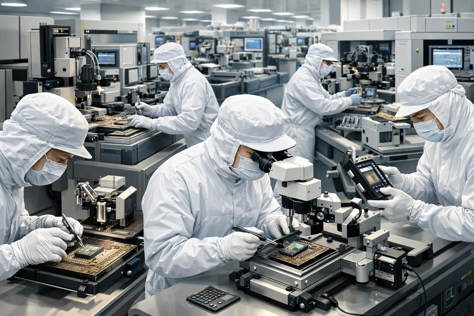 클린룸에서 반도체 칩을 조립하고 테스트하는 작업자와 장비 모습. AI 생성 이미지, 실제와 관련없음