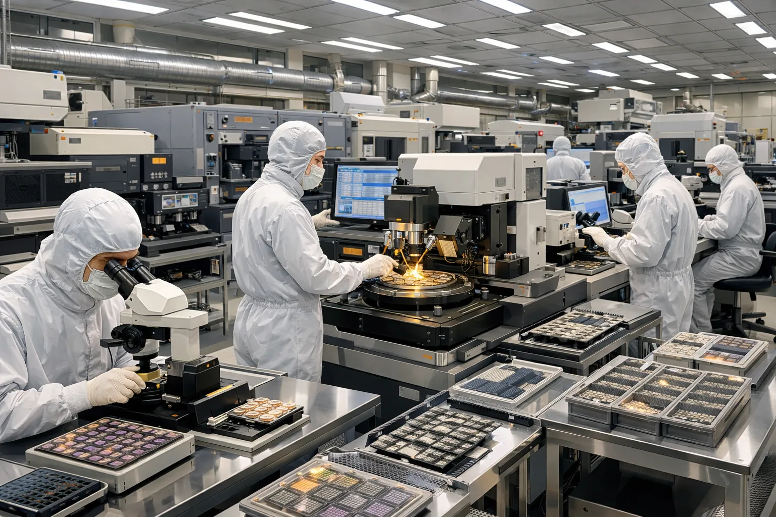 반도체 공장에서 엔지니어들이 패키징 장비를 운영하는 장면. AI 생성 이미지. 실제와 관련 없음.
