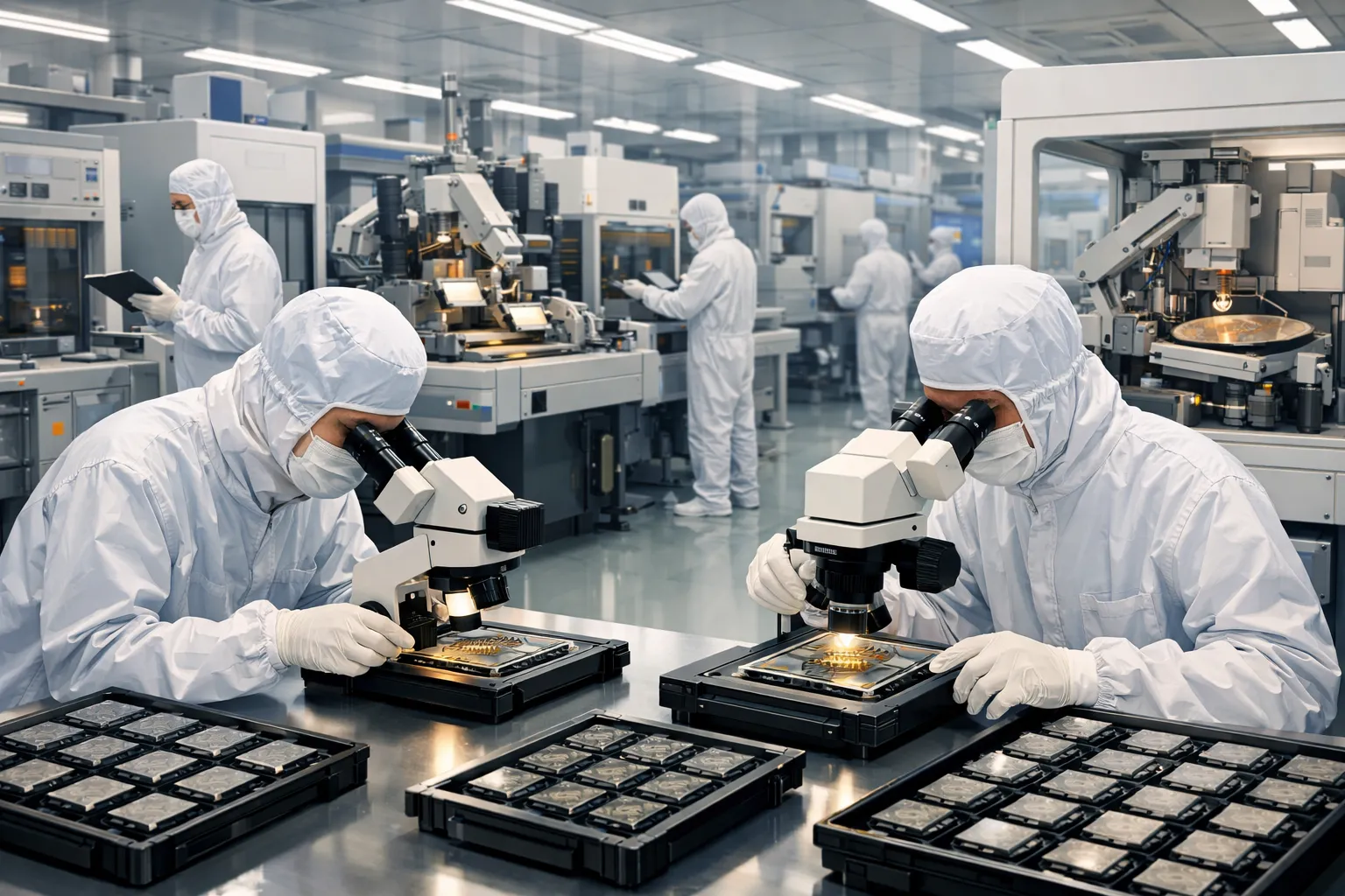 반도체 패키징 공정에서 엔지니어들이 칩을 검사하는 작업 장면. AI 생성 이미지. 실제와 관련 없음.