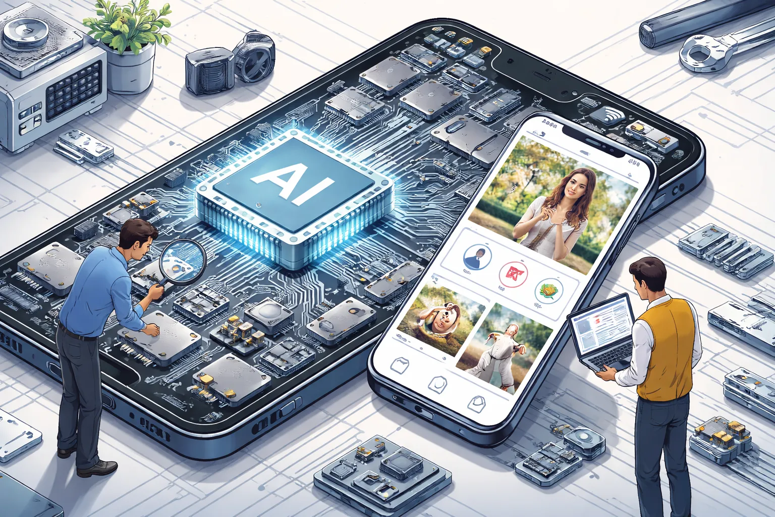 스마트폰 내부 칩과 인공지능 연산을 표현한 AI 일러스트