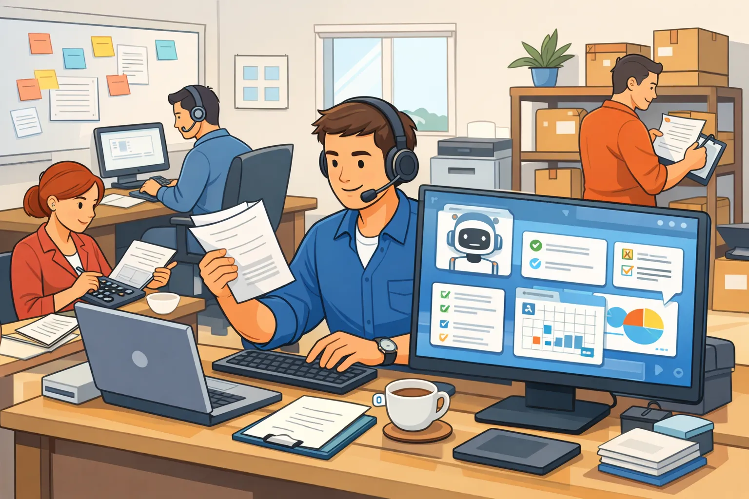 소규모 사무실에서 직원이 여러 업무를 처리하는 동안 AI 도구가 업무를 정리해주는 장면을 표현한 AI 일러스트 이미지.