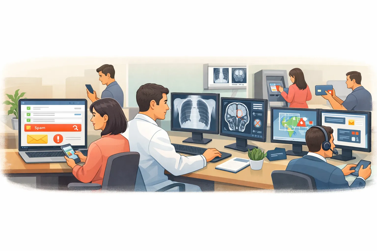 지도 학습 활용 사례를 보여주는 일러스트로 이메일 필터 화면과 의료 영상 분석 장면, 금융 거래 보안 시스템이 함께 표현된 AI 그림