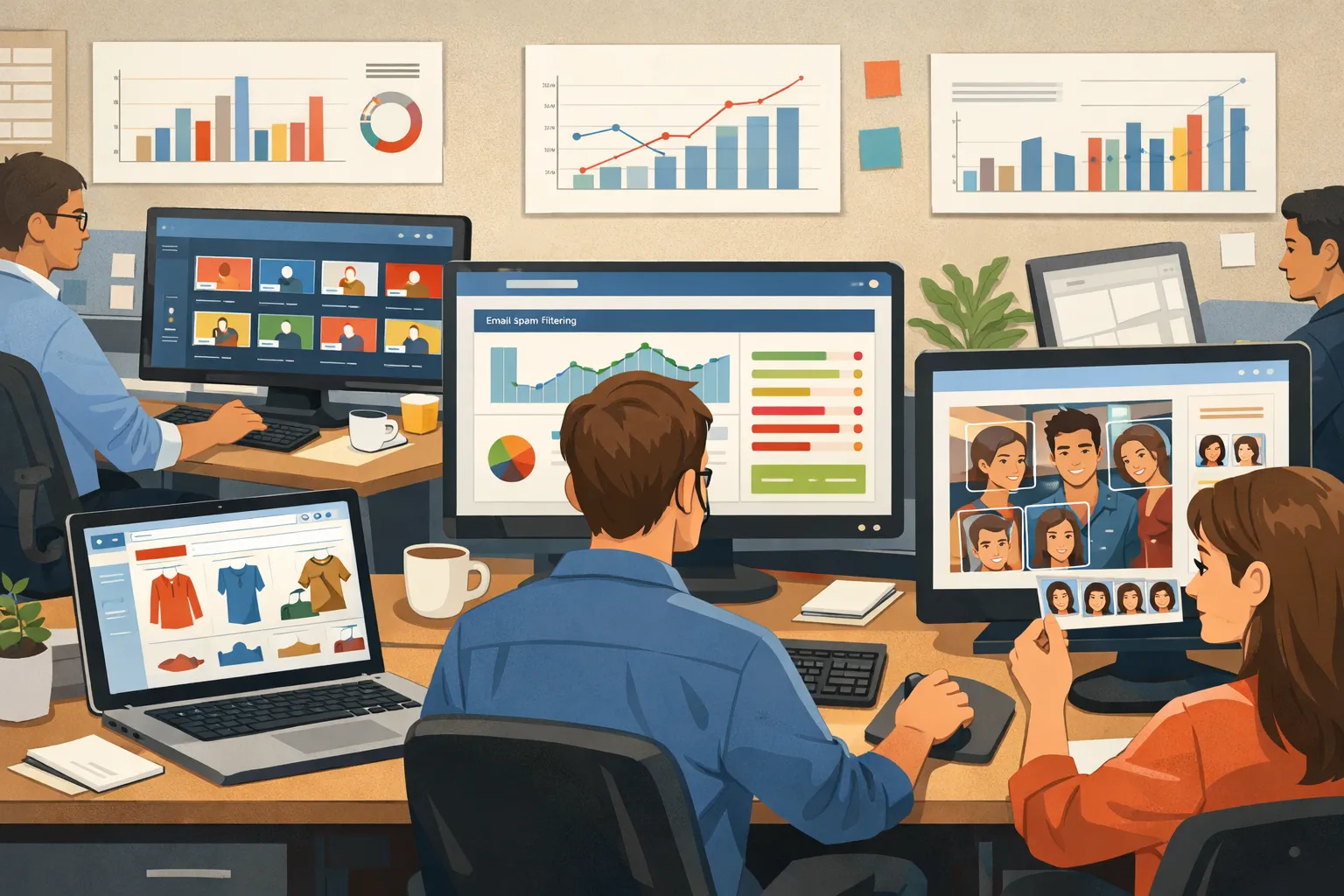 추천 알고리즘과 스팸 필터 얼굴 인식 기술을 분석하는 데이터 과학자를 표현한 AI 일러스트